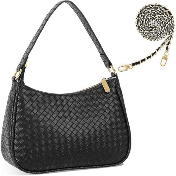 Women's Woven Crescent Shoulder Bags Black - Picture 1 of 8
